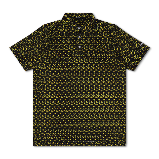 Happy/Sad Polo – Black and yellow dad golf shirt with happy and sad face pattern. Funny moisture-wicking polo by Dad Brand.