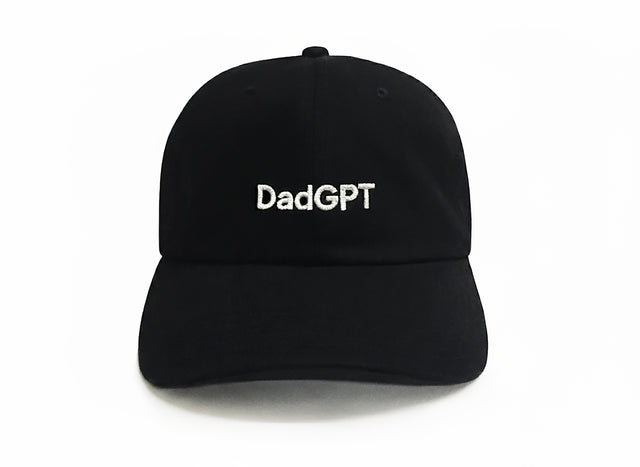 DadGPT Hat – Black 6-panel embroidered Dad hat with adjustable strap, cotton fabric, and stitched DadGPT logo.