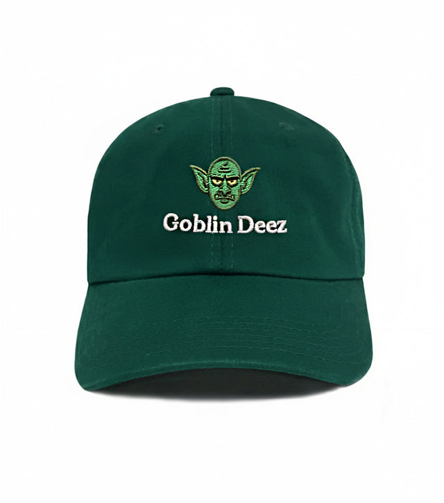 Goblin Deez Dad Hat – Forest green embroidered 6-panel dad hat with goblin design. Funny meme dad hat & best gift for dads.