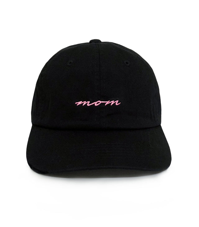 OG Mom Hat – Black embroidered mom hat with pink cursive stitching. A cool mom gift and classic 6-panel family hat from Dad Brand.