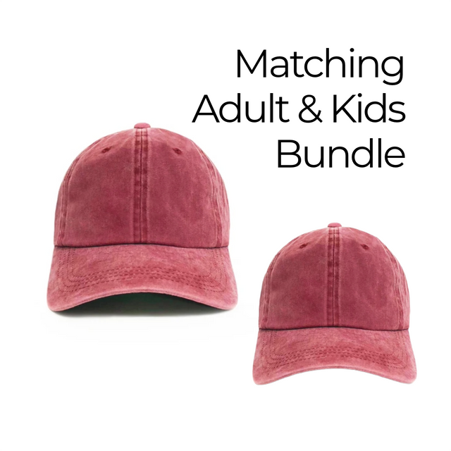 Matching Signature Hat and Junior kids hat bundle by Dad Brand, classic dad hat and kids cap designed for coordinated family style.