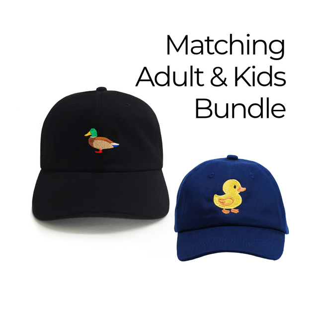 Matching duck hat bundle featuring the Duck Dad Hat and Rubber Ducky kids hat with playful duck designs for parents and kids.