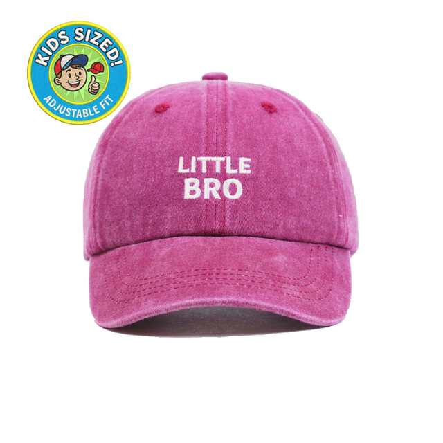 Little Bro Kid’s Hat – Wine-washed embroidered kids cap with “Little Bro” text. A meaningful sibling keepsake gift from Dad Brand.
