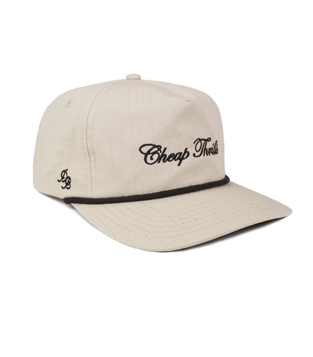 Cheap Thrills Rope Hat – Sand-tan 5-panel ripstop snapback dad hat with rope detail, lightweight and comfortable dad gift